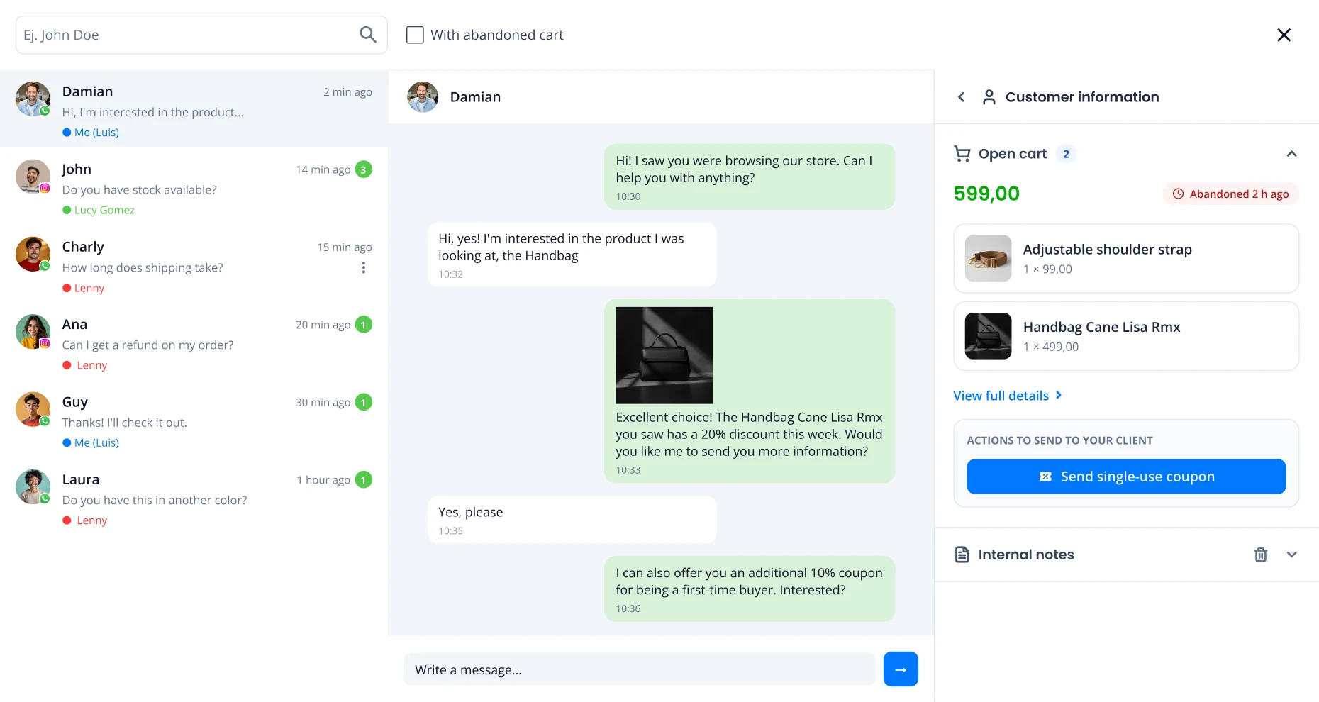 Unified WhatsApp and Instagram inbox with customer context