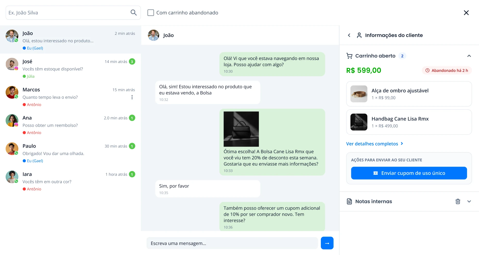 Caixa unificada de WhatsApp e Instagram com o contexto do cliente